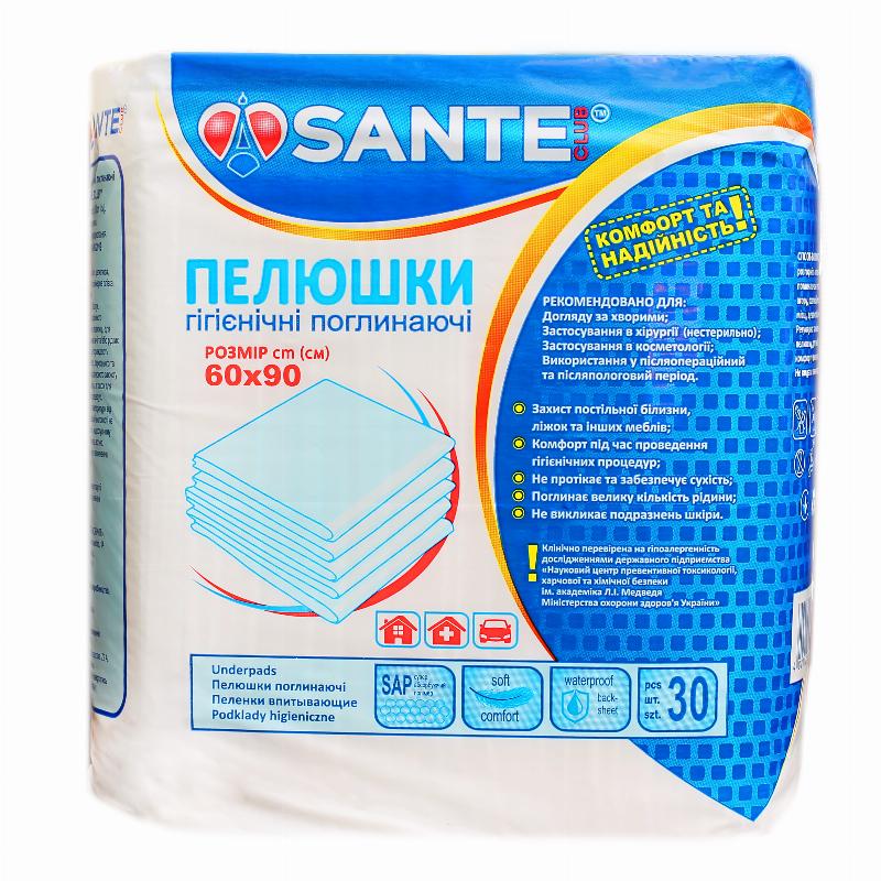 Пелюшки гігієнічні поглинаючі SANTE CLUB розмір: 60 (см) х 90 (см), 30 шт/уп